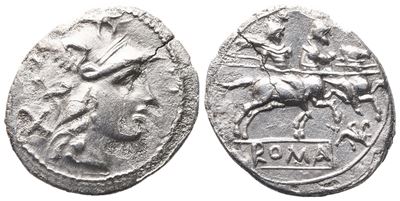 Anonimo, Denario (late 206/205 a.C. ?) con testa di Roma e grifo sul rovescio