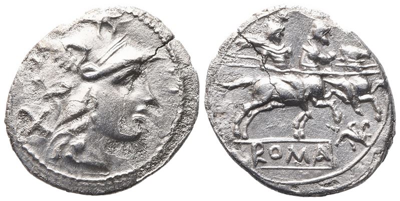Anonimo, Denario (late 206/205 a.C. ?) con testa di Roma e grifo sul rovescio