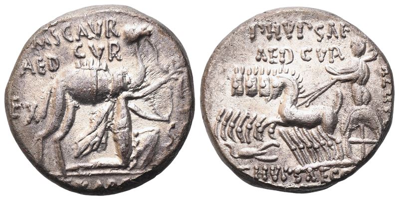 M. Aemilius Scaurus; P. Plautius Hypsaeus, Denario, 58 a.C.