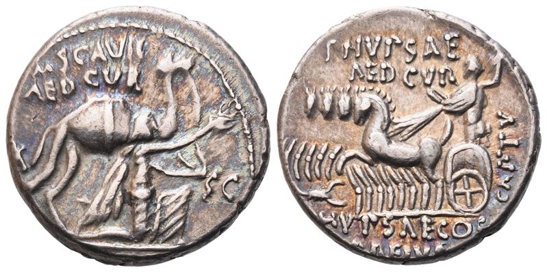 M. Aemilius Scaurus e P. Plautius Hypsaeus, Denario, 58 a.C.