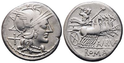 T. Annius (or Aurelius) Rufus, Denarius, 144 Bc; Ar (3,89 G; 20,3 MM; 9 H)