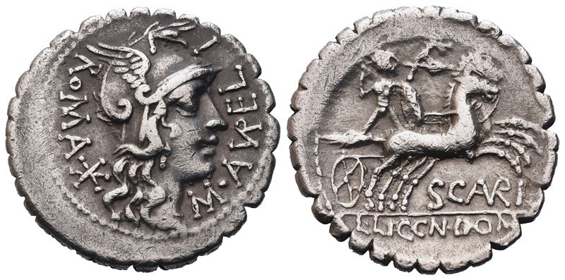 M. Aurelius Scaurus, Denarius Serratus, 118 Bc; Ar (3,82 G; 20,1 MM; 4 H)