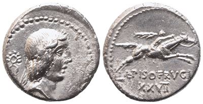 L. Calpurnius Piso Frugi, Denarius, 90 Bc; Ar (3,79 G; 17,5 MM; 12 H)