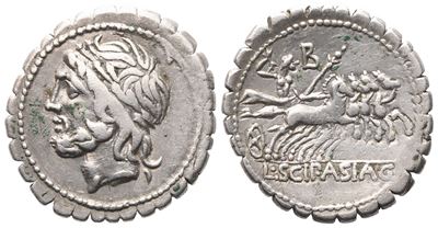 L. Scipio Asiagenus, Denarius Serratus, 106 Bc; Ar (3,90 G; 19,5 MM; 6 H)