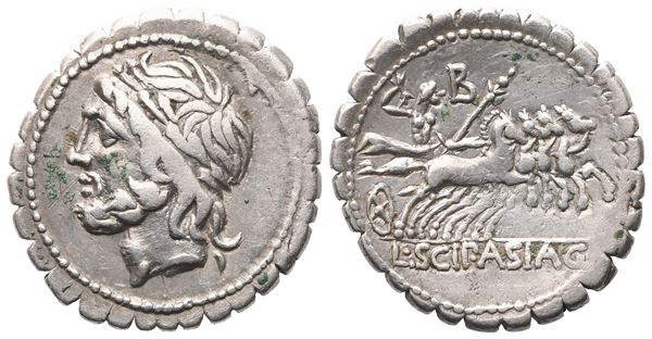L. Scipio Asiagenus, Denarius serratus, 106 BC; AR (3,90 g; 19,5 mm; 6 h)