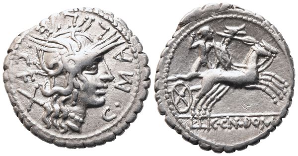 L. Licinius Crassus, Cn. Domitius Ahenobarbus, C. Malleolus, Denarius serratus, 118 BC; AR (3,83 g; 20 mm; 3 h)