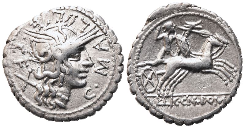 L. Licinius Crassus, Cn. Domitius Ahenobarbus, C. Malleolus, Denarius Serratus, 118 Bc; Ar (3,83 ...