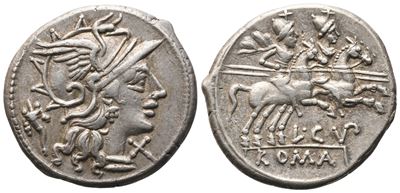 L. Cupiennius, Denarius, 147 Bc; Ar (3,49 G; 19,5 MM; 1 H)