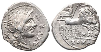 Q. Curtius, M. Sergius Silus, Denarius, 116-115 Bc; Ar (3,85 G; 20,2 MM; 11 H)