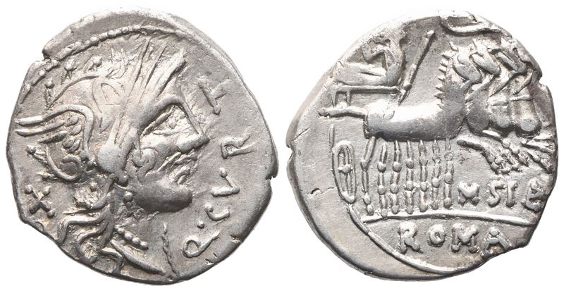 Q. Curtius, M. Sergius Silus, Denarius, 116-115 Bc; Ar (3,85 G; 20,2 MM; 11 H)