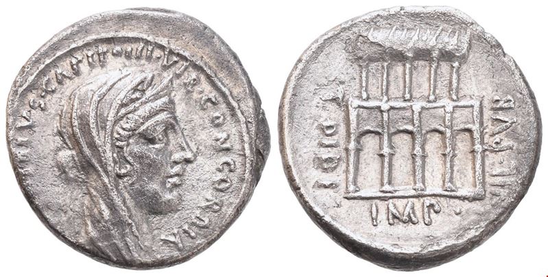 Fonteius Capito, Denario con testa di Concordia e Villa Publica (55 a.C.)