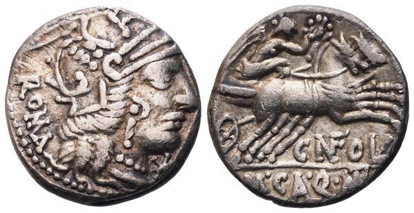 Cn. Fulvius, M. Calidius and Q. Metellus, Denarius, 117-116 BC; AR (3,96 g; 17,9 mm; 5 h)