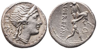 M. Herennius, Denarius, 108-107 Bc; Ar (3,84 G; 17,7 MM; 11 H)