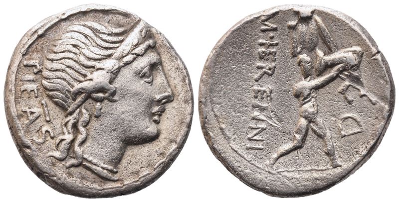 M. Herennius, Denarius, 108-107 Bc; Ar (3,84 G; 17,7 MM; 11 H)