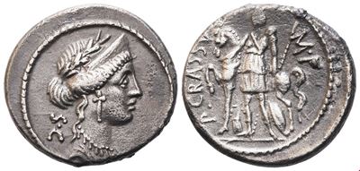 P. Licinius Crassus, Denario (55 a.C.), rovescio con figura femminile che conduce un cavallo