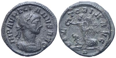 Aureliano, Denario romano con busto laureato e Vittoria ambulante (270-275 d.C.)