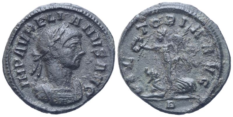 Aureliano, Denario romano con busto laureato e Vittoria ambulante (270-275 d.C.)