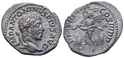Elagabal, Denario (Rome, 221 d.C.), rovescio con Vittoria alata e scudo