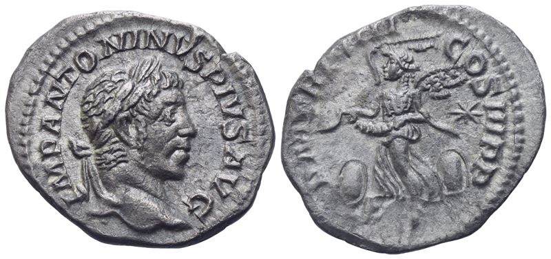 Elagabal, Denario (Rome, 221 d.C.), rovescio con Vittoria alata e scudo